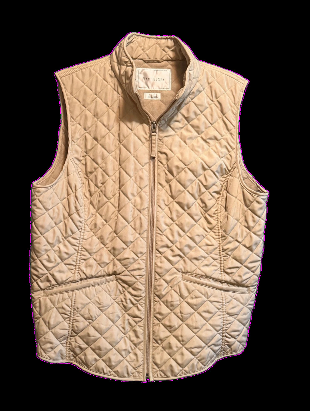 Van Heusen Quilted Vest Womens L Beige Tan Diamond Puffer Fleece Lined